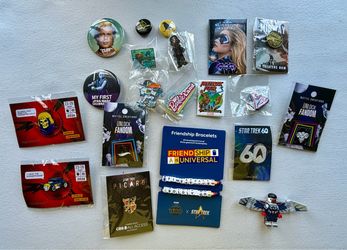 PIN & BUTTON LOT! Star Wars, He-Man, Skeletor, MOTU, Star Trek, Dr. Who, Barbie, SDCC Toucan, Batgirl, Greef Karga, Midway movie, Picard, Fantastic Fo