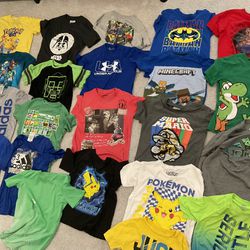 Boys Clothes Size 7 And 8 Includes Adidas, Minecraft, Mario, Pokémon Tees, Adidas Shorts, Pants, Light And Heavy Jackets, Pajamas
