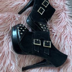 Black Rhinestone Buckle Heels 