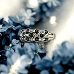 14kt White Gold with Small Round Diamonds and Blue Stones Ring.