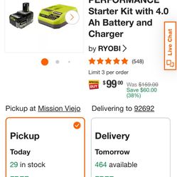 New Ryobi Battery Plus Charger, 18v High Performance