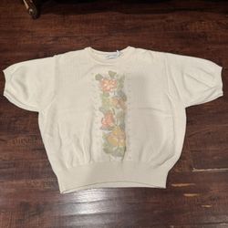 Liz Claiborne Ivory Floral Knit Pullover Sweater 100% Cotton L