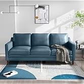 80" Faux Leather Sofa, 3 Seater Couch, Mid Century Modern Couch with Solid Wood Frame for Living Room & Bedroom, Blue