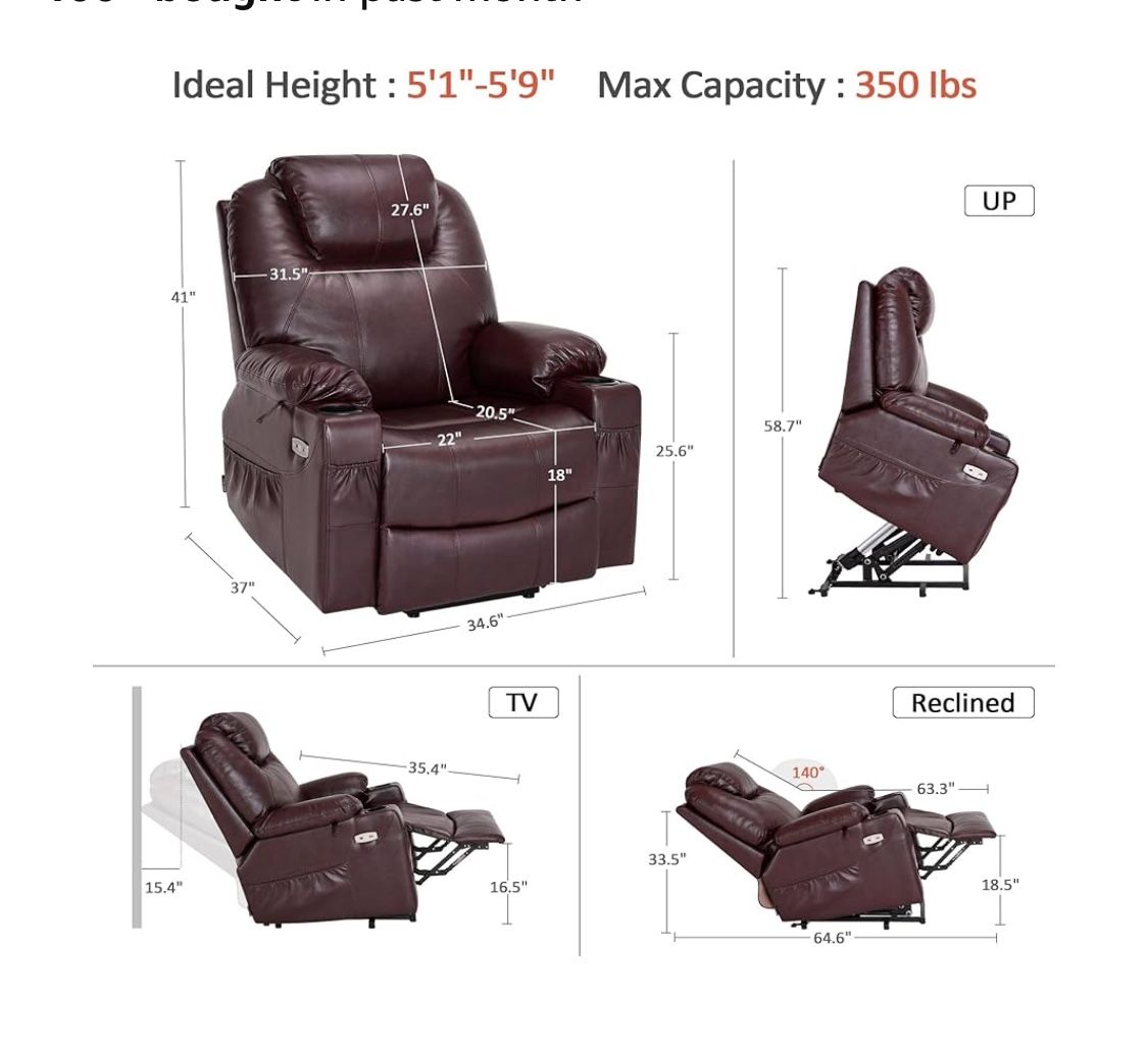 MCombo Electric Power Lift Recliner Chair Sofa with Massage and Heat for Elderly, 3 Positions, 2 Side Pockets, and Cup Holders, USB Ports, Faux Leathe