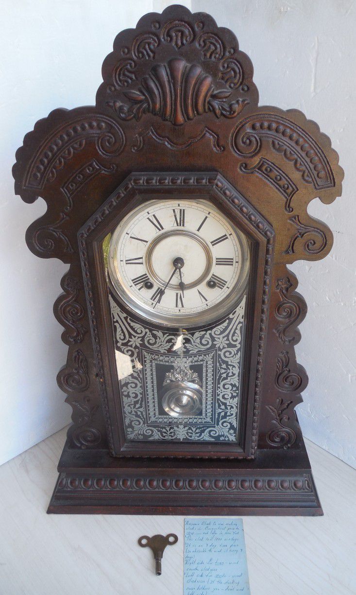 Beautiful Ornately Carved Antique Ansonia Mantle Clock w/ Key & Provenance