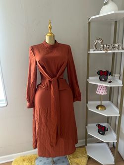 Rust Long Sleeve Midi Dress with Belt