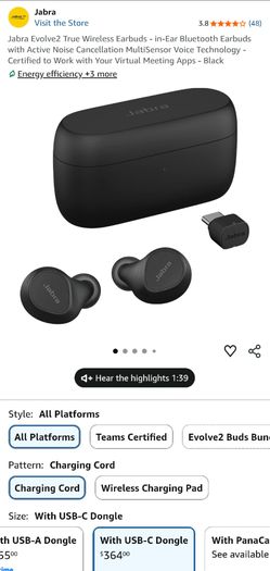 Jabra Evolve2 True Wireless Earbuds - in-Ear Bluetooth Earbuds with Active Noise Cancellation MultiSensor Voice Technology - Certified to Work with Yo