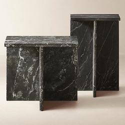 NEW CB2 T Marble 2-Piece Black Marble Side Table Set