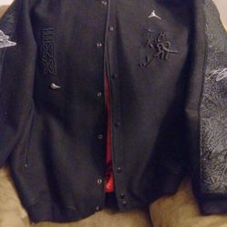 Like New Retro Air Jordan Limited Edition Varsity Black Flight Jacket - 23 94 Beyond 23 Wool/Leather Red Satin Quilted Lining N/S