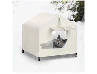 Insulated Outdoor Cat House Weatherproof for Winter w/Awning & Safe Escape Door, Waterproof Elevated Bed House Shelter for Outside Feral Stray Barn Co