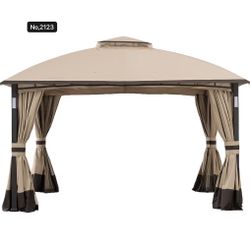 11 x 13 ft. Soft Top Gazebo Outdoor Patio Powder-Coated Steel Frame 2-Tier Soft top Gazebos with LED Lighting, Bluetooth Sound, Netting and Curtain, 