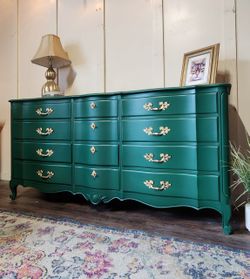 slim fit dress slacks Henley Scalloped Edge 6 Drawer Wide Dresser, Blue Spruce
