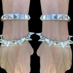 4 pcs RARE Gothic Silvery Elastic Bead Studded Spike Bracelet - PLASTIC  Punk Silver color rivet  Bead studs square Spike Wristbands Jewelry Halloween