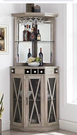Dinardi 72” Farmhouse corner Bar Cabinet with Eine storage  with LED light