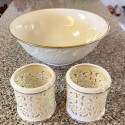 LENOX tea candles holders set and bowl for $30