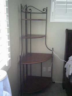 large corner wooden shelfs unit wrougth iron design 72" high by 38" across