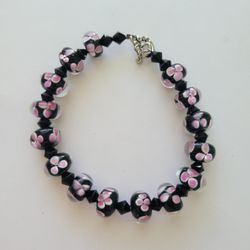 Glass Lampwork Beaded Braceler Silver Plated 9" Black Pink Encased Flowers 
