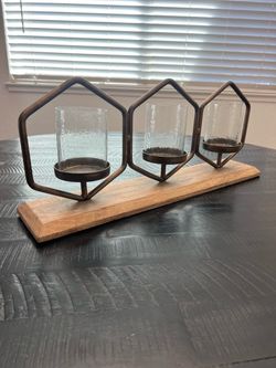 Triple Geometric Metal and Wood Candle Holder