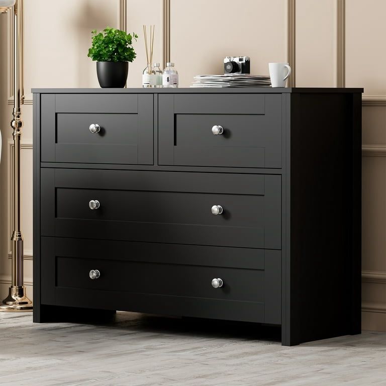 4 Drawer Dresser, Modern Chest of Drawers, with Wood Storage Organizer Dressers for Bedroom, Hallway, Children's Room, and Living Room, Black