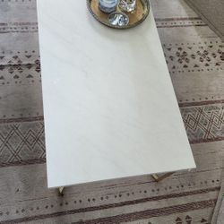 Modern White Faux Marble and Gold Metal Square Sofa Table.