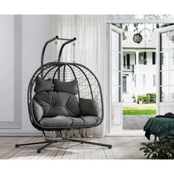 New-Double Wicker Swing Egg Chair Hammock Foldable Hanging Loveseat with Stand, UV Resistant Removable Cushions, 700LBS Capacity for Bedroom, Balcony 