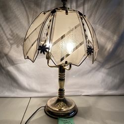 Vintage Gold Grey Glass Touch Lamp Brass Tone  6 Glass Panels working