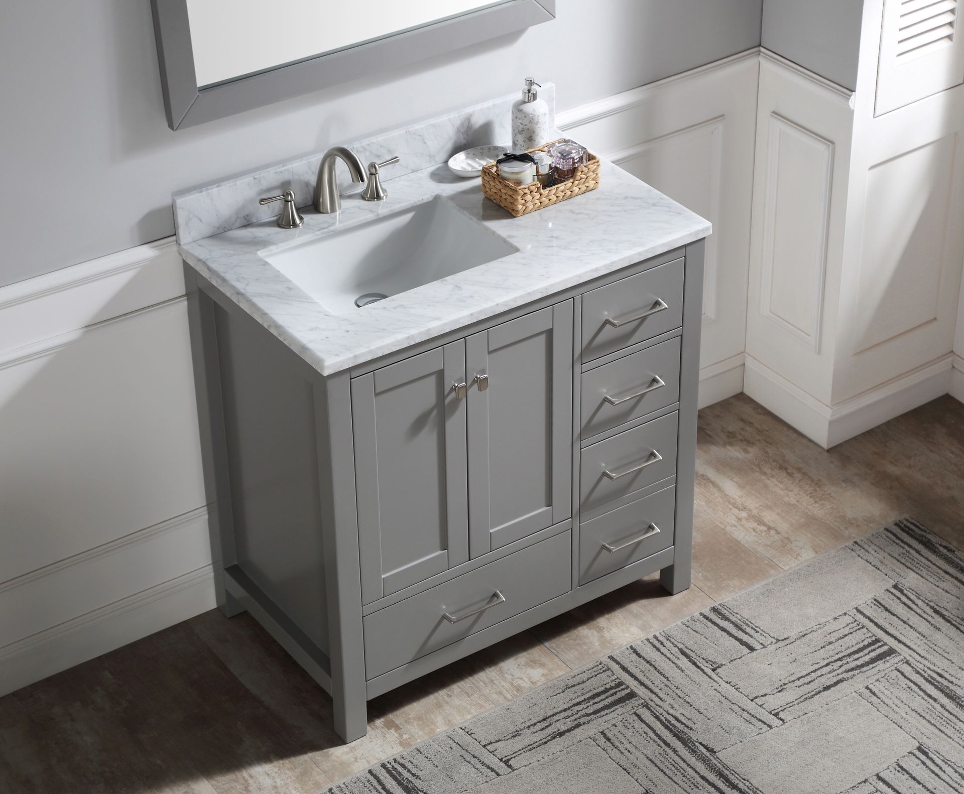 36 in. Bath Vanity in Grey with marble vanity top in white with rectangle basin and mirror