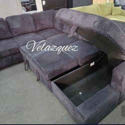 ✅️✅️4 pc Black corduroy fabric sectional sofa with storage chaise and love seat and pop up sleep area in center USB charging✅️✅️✅️
