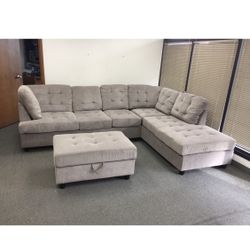 Grey Chenille Sectional Couch And Ottoman
