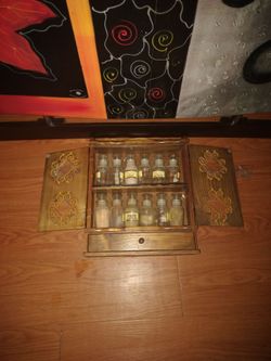 Vintage Wooden Spice Cabinet with Glass Jars and home decor for hanging on wall
