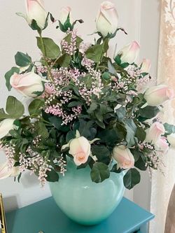 Silk Rose Floral Arrangement in Teal Vase