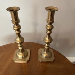 Brass Candlestick Holders  10.5” Tall X 3.5” Base