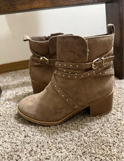 Tan Suede Ankle Boots with Studded Straps