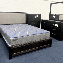 Queen Brown Bedroom Set ( Bed Frame, Dresser, Mirror And One Nightstand)