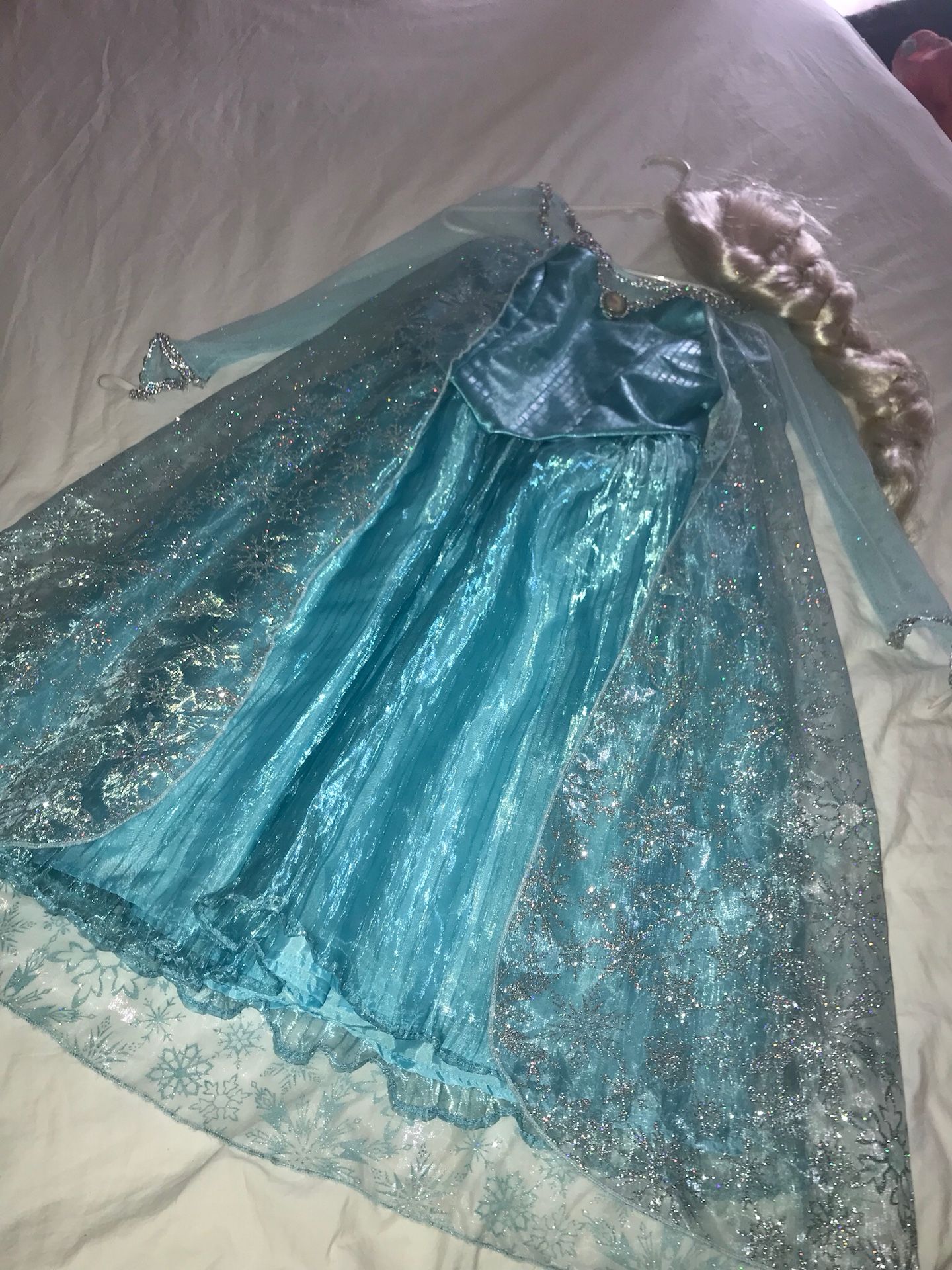 Disney Kids Girls Sequin Halloween Frozen Elsa Princess Costume Dress Blue & wig size 10/12