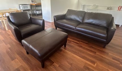 Dark Brown Leather Sofa and Armchair Set w/ Ottoman