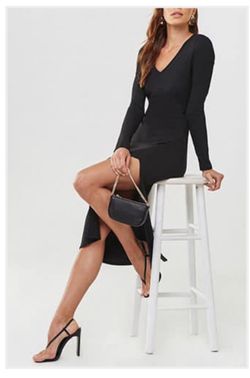 New! Black Ribbed Slit Dress Sz Medium