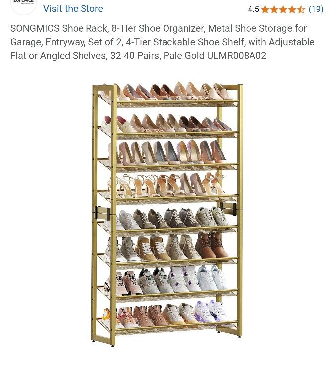 Shoe Rack, 8-Tier Shoe Organizer, Metal Shoe Storage for Garage, Entryway, Set of 2, 4-Tier Stackable Shoe Shelf, with Adjustable Flat or Ang