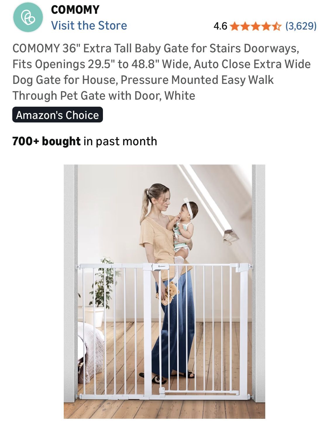 36" Extra Tall Baby Gate for Stairs Doorways, Fits Openings 29.5" to 48.8" Wide