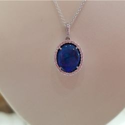 Blue Opal, Diamond, Gold Necklace With Matching Ring