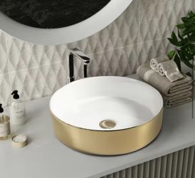 Ceramic Circular Vessel Bathroom Sink Art Sink in Gold and White