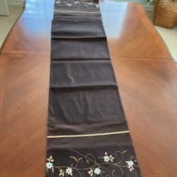 New Table Runner 72” X 14”, Brown With Embroidery And Ribbon Floral Work On Edges. 