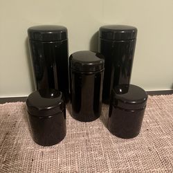 Set of 5 Black Kitchen Counter Glass Canisters