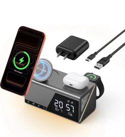 Brandnew 6-in-1 Alarm Clock Wireless Charging Station for Apple Devices, Night Light, Nightstand, MagSafe Magnetic Phone Charger, Fast Charging for iP