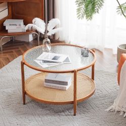 VINGLI 30" Rattan Coffee Table, Round Water-Wave Glass Metal Center Table, Modern Coffee Table with 2-Tier Storage, Farmhouse Circular Coffee Tables f