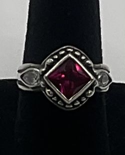 Sterling Silver, Red & White Cubic Zirconia Size 5 Ring