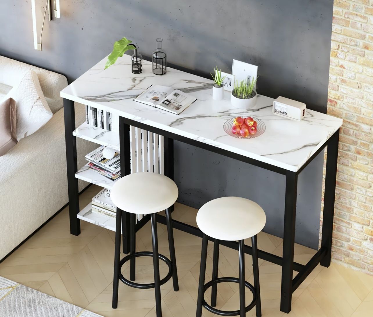 Table Set with Storage Shelves -Modern White Faux Marble Breakfast Table, Velv...