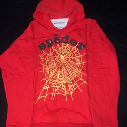 Sp5der Red Hoodie Yellow Web Graphic Cotton Blend Fleece Long Sleeve