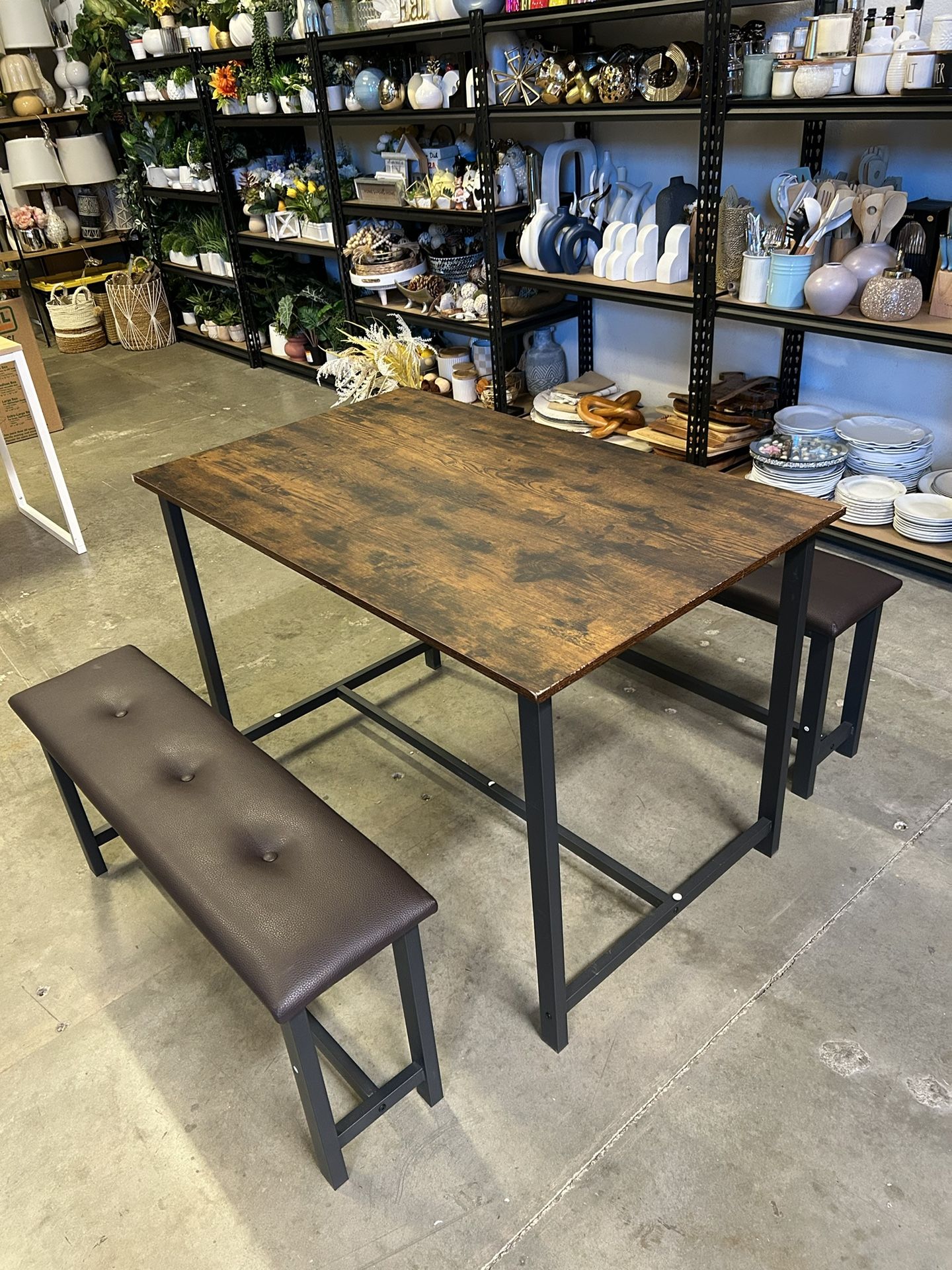 New Dining Table Set w/ 2 Bench Seats - Acacia Wood Finish