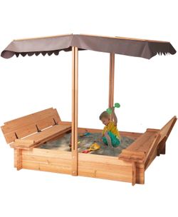 Wood Sandbox with Cover, Sand Box with 2 Bench Seats for Aged 3-8 Years Old, Sand Box for Backyard Garden, Beach Patio Outdoor (Natural Wood, 48 Inch)